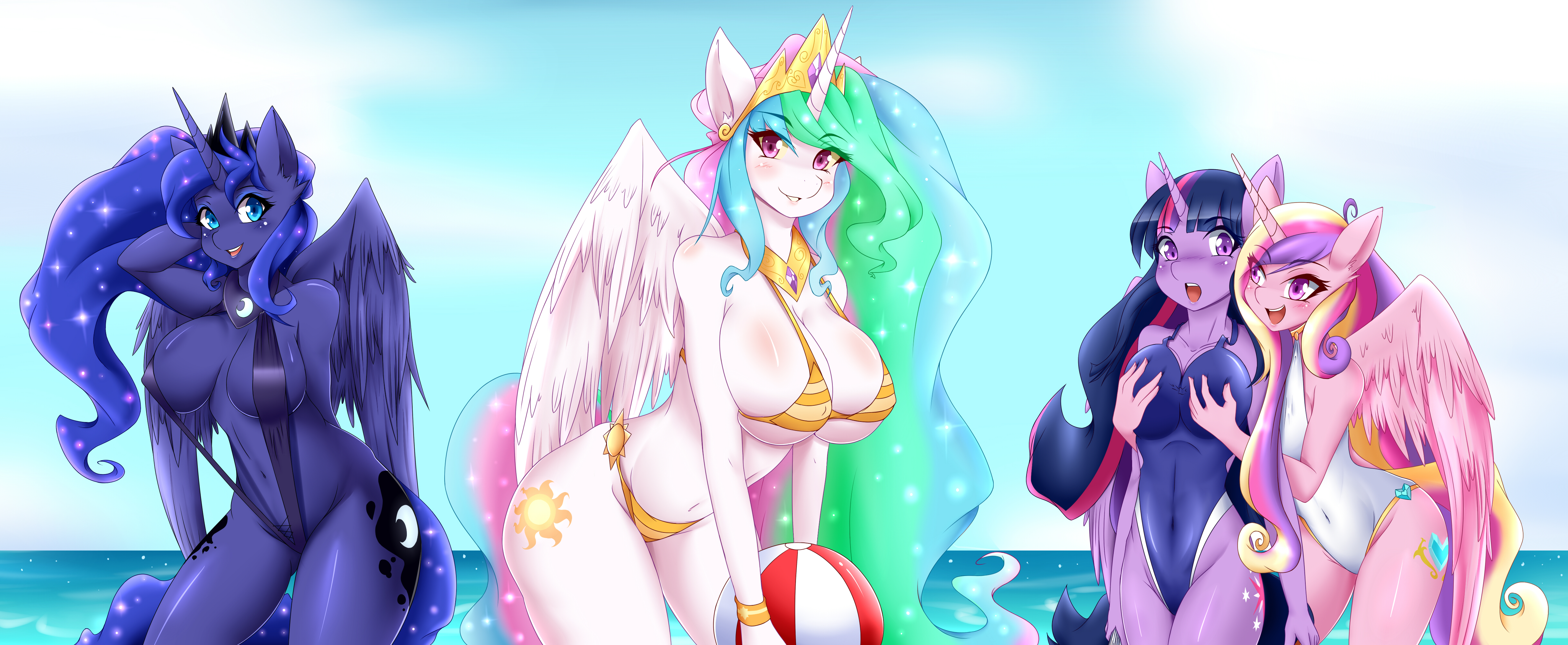 4girls, ahoge, alicorn, animal ears, anthro, ball (object), beach ball, bent over, bikini, blue fur, blush, breast grab, breasts, cleavage, cutie mark, cyan eyes, equine, female, friendship is magic, fur, furry, highres, horn, horse ears, large breasts, mammal, mleonheart, multicolored hair, multiple females, multiple girls, my little pony, ocean, one-piece swimsuit, open mouth, outdoors, pink eyes, pink fur, princess cadance (mlp), princess celestia (mlp), princess luna (mlp), purple eyes, purple fur, sling bikini, smile, sparkle, swimsuit, tiara, twilight sparkle (mlp), water, white fur, wings