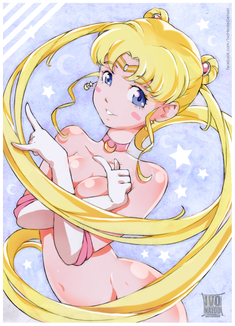 1girls, bayeuxman, bishoujo senshi sailor moon, blonde hair, blue eyes, breasts, covering, covering breasts, female, gloves, medium breasts, necklace, nude, pose, sailor moon, solo, tagme, tiara, usagi tsukino