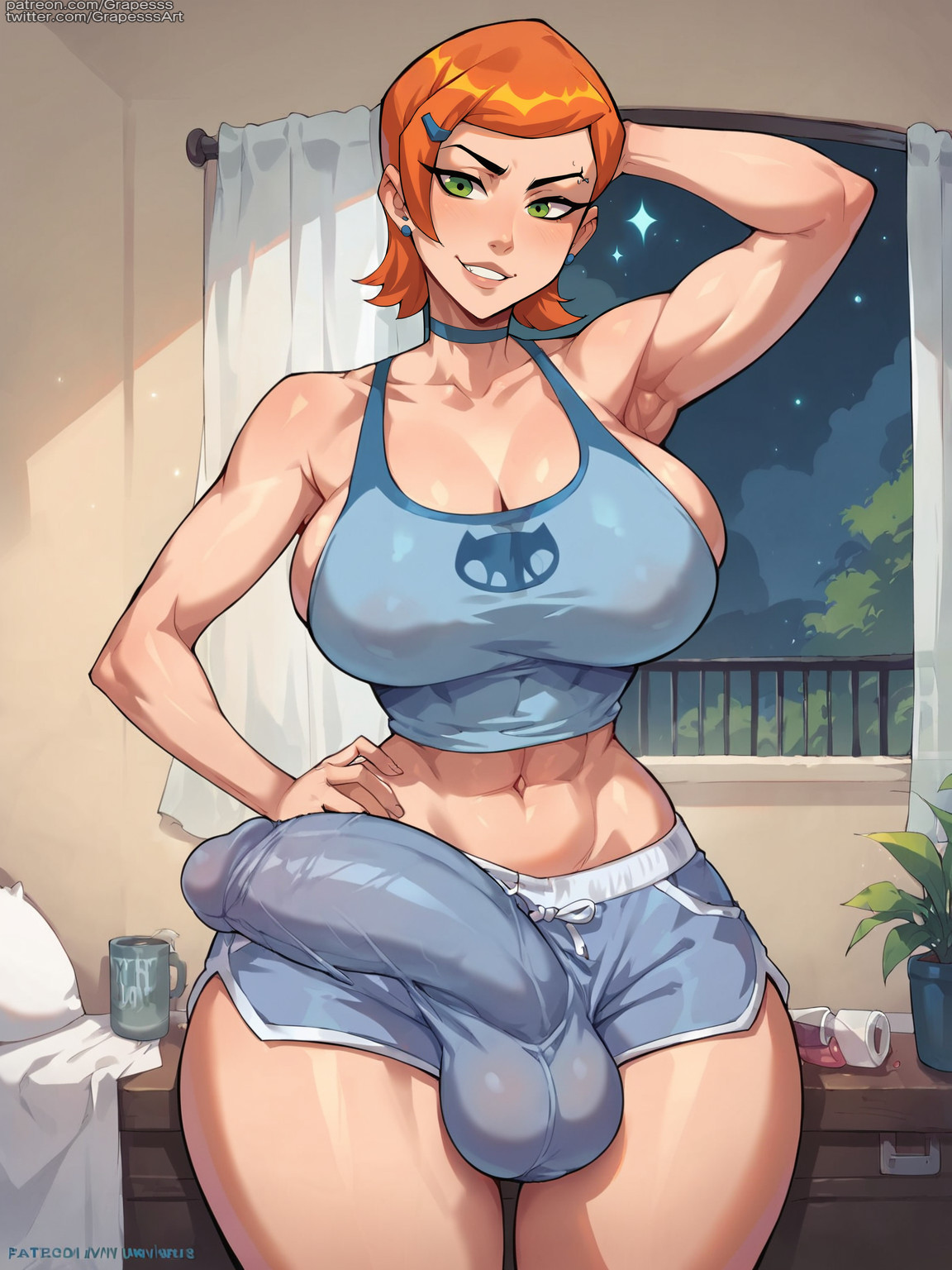 ai generated, ben 10, bulge through clothing, female, futanari, grapesss, gwen tennyson, intersex, light skin, light-skinned female, solo