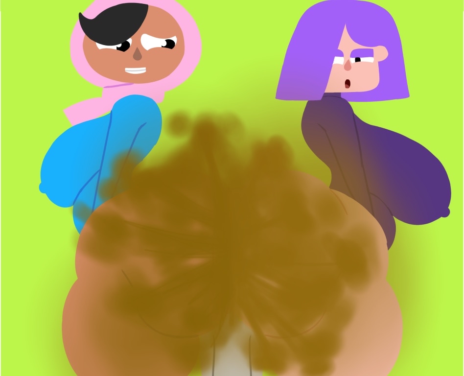 2girls anon ass_sandwich big_ass big_breasts bottomless duolingo facesitting fart fart_cloud fart_fetish farting farting_in_face goth goth_girl hijab huge_ass lily_(duolingo) unknown_artist zari_(duolingo)