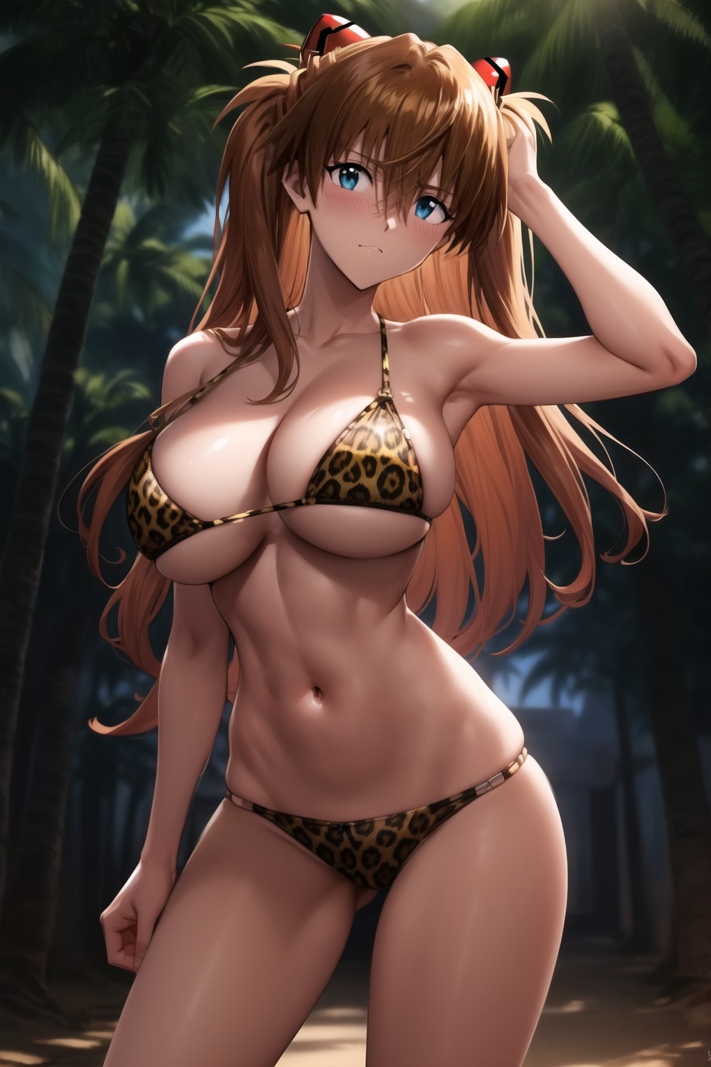 1girl ai-created ai_generated animal_print armpits asuka_langley asuka_langley_sohryu bangs bare_arms bare_shoulders bikini blue_eyes blurry blurry_background blush breasts brown_hair clavicle cleavage closed_mouth clothing cowboy_shot day female female_only hair_between_eyes hair_ornament headgear headwear high_resolution interface_headset jungle jungle_girl large_breasts leopard_print linea_alba long_hair looking_at_viewer navel neon_genesis_evangelion orange_hair outdoors palm_tree rena_aikawa_(pixiv_user) shiny skindentation sky smile solo solo_female stable_diffusion standing stomach string_bikini swimsuit tagme thighs tree underboob very_long_hair