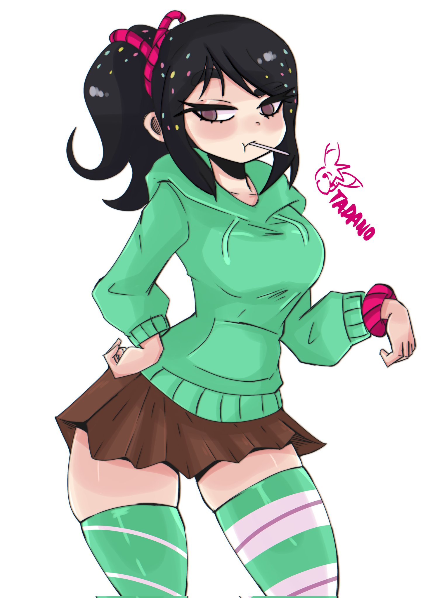 aged up, average breasts, black hair, breasts, brown eyes, female, green sweater, lollipop, miniskirt, ponytail, short skirt, skindentation, skirt, striped legwear, tagme, thigh gap, thighhighs, thighs, vanellope von schweetz, wide hips, wreck-it ralph
