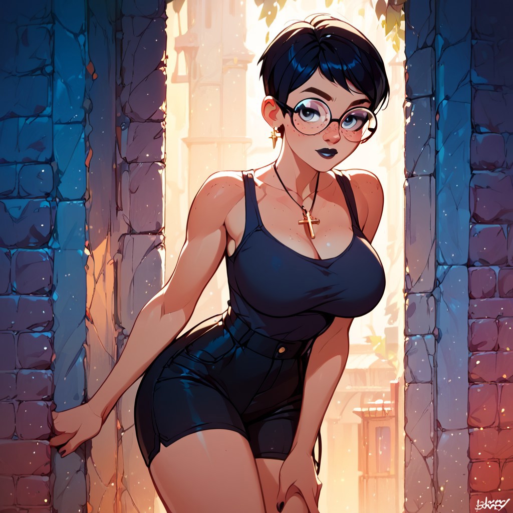 1girls ai_generated black_dress black_lipstick breasts breasts carmen_sandiego_(2019) carmen_sandiego_(franchise) cleavage cross_necklace dress female female female_focus glasses goth goth_clothing goth_girl jewelry julia_argent julia_argent_(carmen_sandiego) lipstick necklace short_hair solo solo_female solo_focus zupern0va_(manipper)