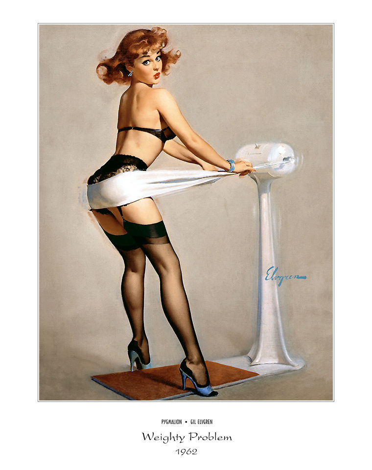 20th_century bra_and_panties exercise_equipment exercise_machine female gil_elvgren ginger high_heels lingerie painting_(artwork) pin-up pinup red_hair shaking_ass shaking_butt stockings traditional_media_(artwork) vintage workout_equipment