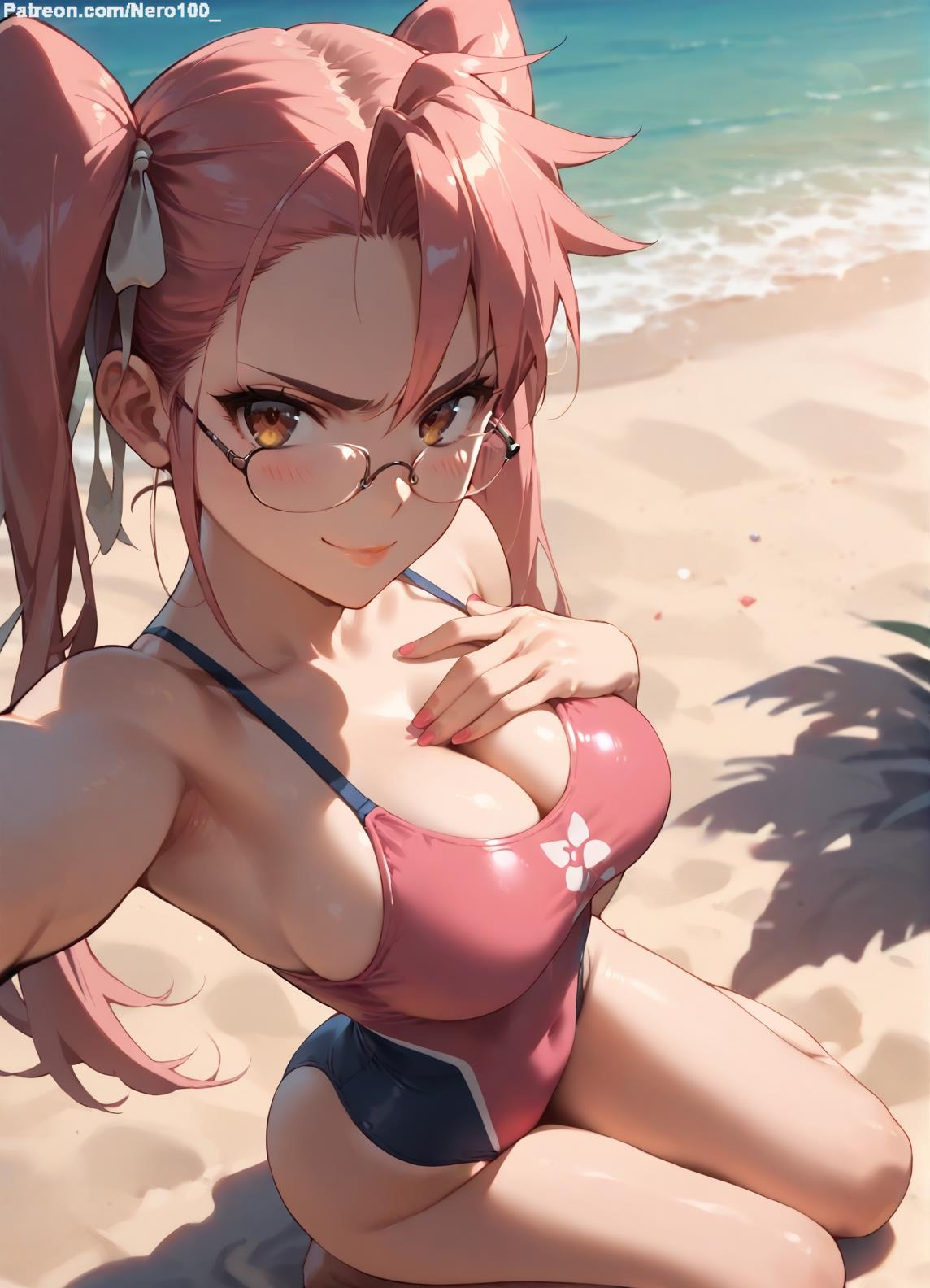 1girls 2d ai_generated ass athletic athletic_female bare_shoulders beach belly big_breasts chest cleavage curvy curvy_figure cute cute_face detailed eyelashes eyeshadow female female_focus female_only fit fit_female focus from_above glasses high-angle_view high_quality highschool_of_the_dead hips huge_breasts large_breasts legs light-skinned_female light_skin lips lipstick looking_at_viewer makeup mascara midriff navel nero100 one-piece_swimsuit orange_eyes outdoors pale-skinned_female pale_skin pink_hair posing sagging_breasts saya_takagi seductive seductive_look selfie stable_diffusion swimsuit swimwear thick_thighs thighs twintails wide_hips yellow_eyes