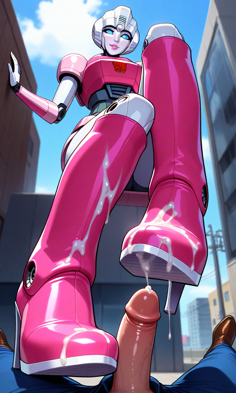 ai_generated arcee arcee_(g1) autobot bootjob cum_on_boots footjob giantess patent_ patent_boots patent_heels pink_body pov robot_girl transformers