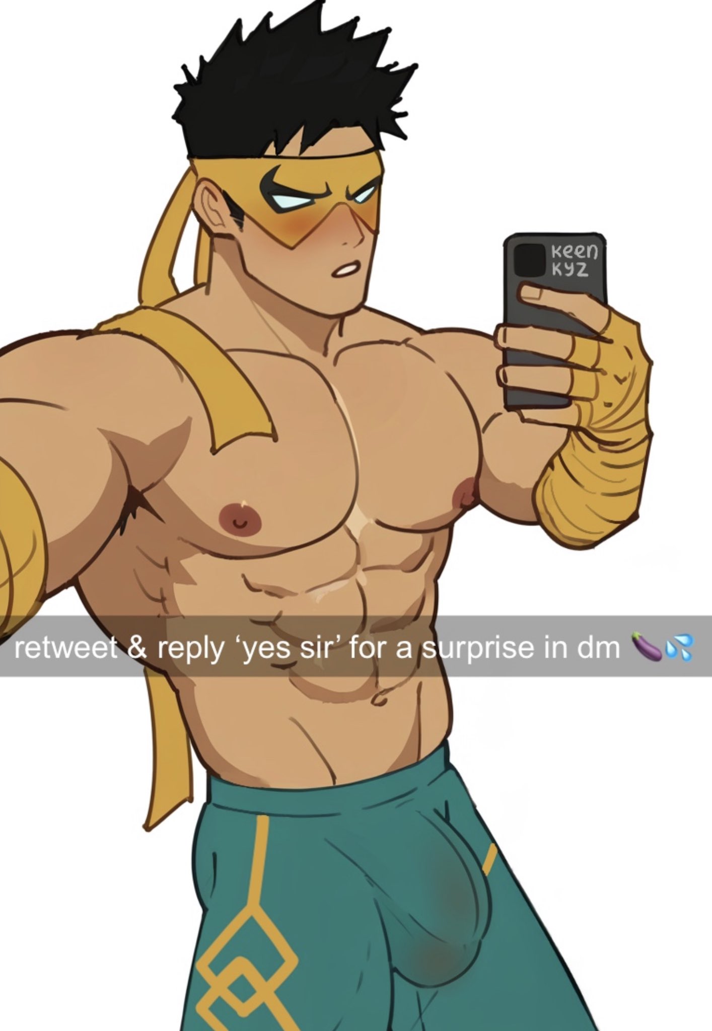 1boy blush bulge bulge_through_clothing iron_fist iron_fist_(marvel_rivals) keenkyz lin_lie looking_at_viewer marvel marvel_rivals muscular_arms thirst_trap