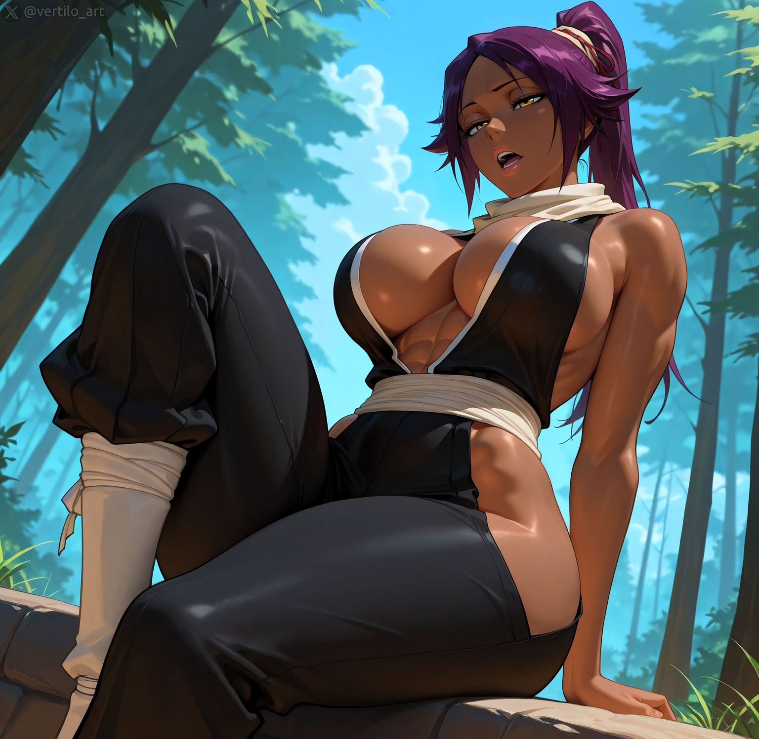 1girls, abs, ai generated, big breasts, bleach, breasts, center opening, cleavage, clothing, dark skin, dark-skinned female, female, female only, knee up, large breasts, ninja, open mouth, shihouin yoruichi, sitting, solo, vertiloart