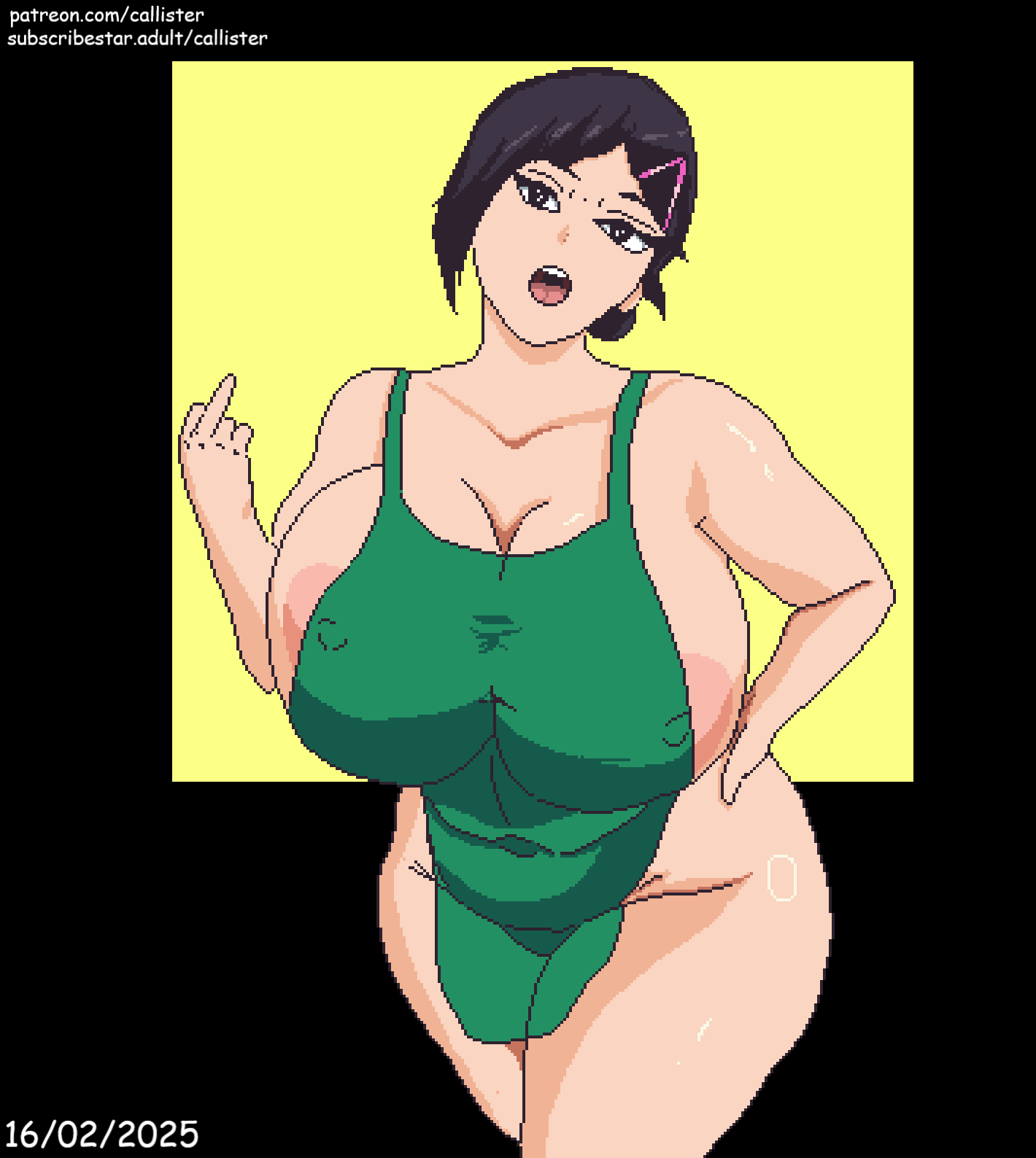 aoi_sakamoto apron apron_between_breasts apron_only big_ass big_breasts busty_female callister chubby_female huge_breasts middle_finger milf mommy mother pixel_art sakamoto_aoi sakamoto_days solo_female