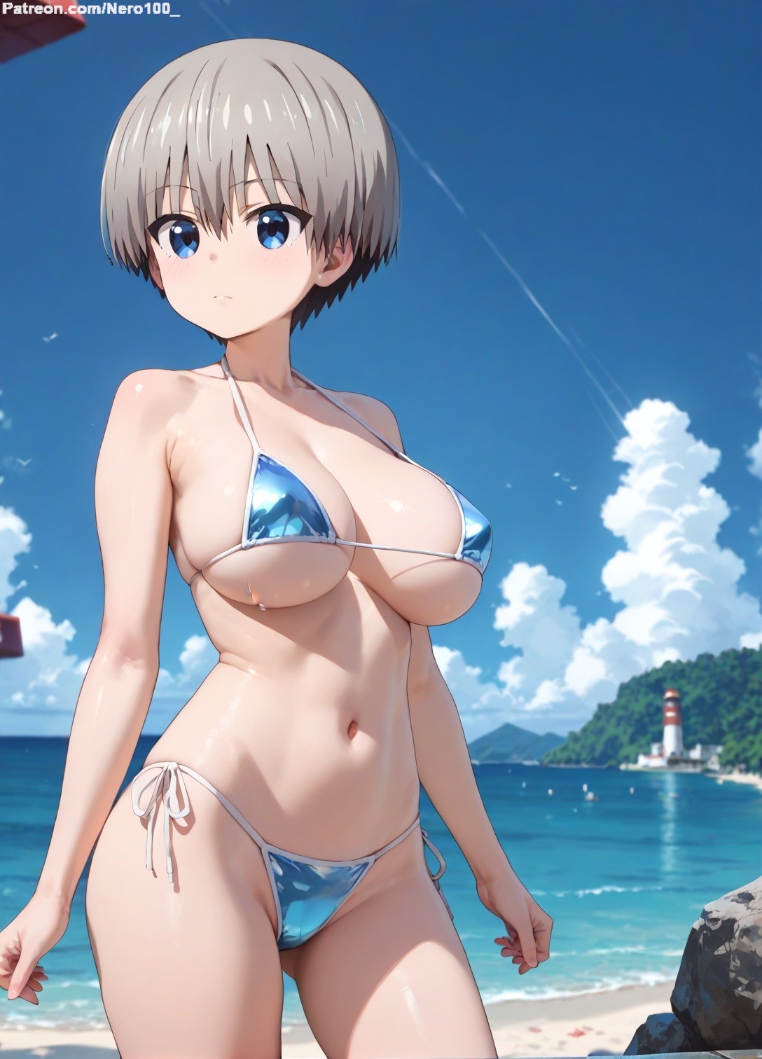 1girls 2d ai_generated areolae armpit bare_arms bare_legs bare_shoulders beach belly big_breasts bikini bikini_bottom bikini_top bob_cut breasts_bigger_than_head cameltoe chest curvy curvy_figure cute cute_face detailed eyelashes eyeshadow female female_only fit fit_female focus grey_hair hair high_quality huge_breasts large_breasts legs light-skinned_female light_skin lips lipstick looking_at_viewer makeup mascara micro_bikini nero100 outdoors pale-skinned_female pale_skin petite petite_body posing seductive seductive_look short_hair silver_hair stable_diffusion surprised tagme teenager thighs thin_waist tomboy uzaki-chan_wa_asobitai! uzaki_hana vagina very_short_hair young