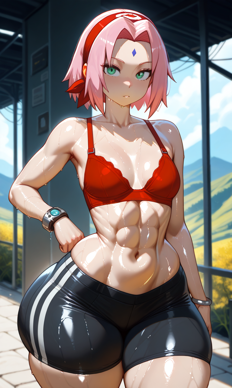 ai_generated bottom_heavy bra huge_ass muscular naruto pink_hair red_clothing sakura_haruno short_hair shorts small_breasts thick_thighs