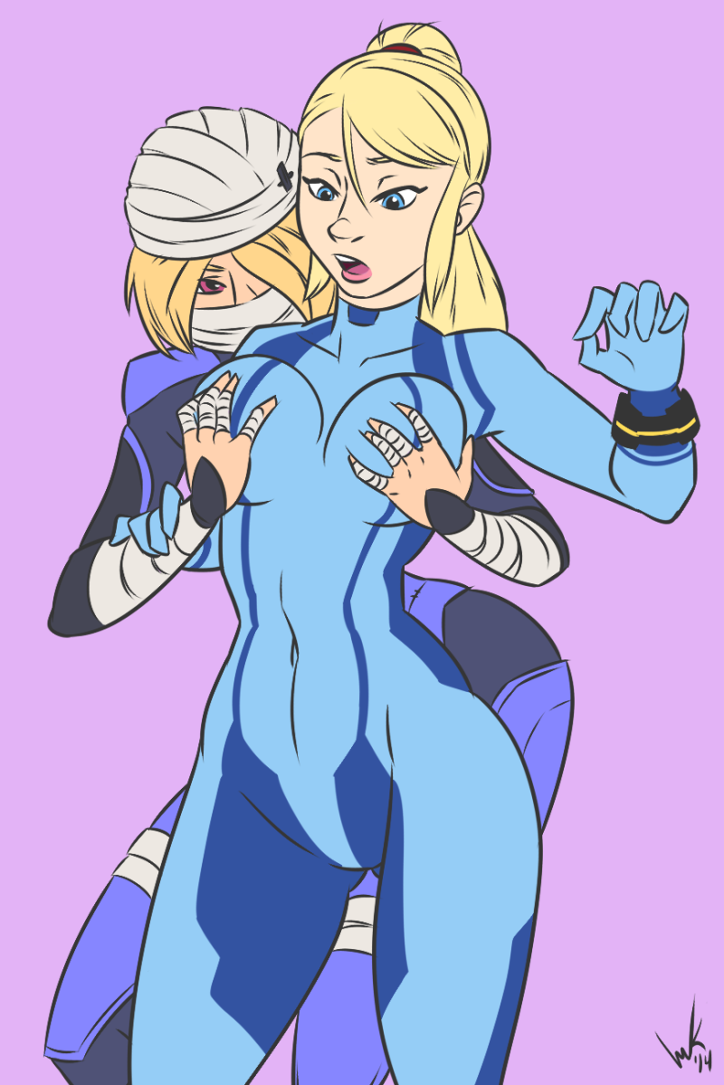 2girls ass blonde_hair blue_eyes bodysuit breast_grab breast_grope breasts clothed covered_navel crossover female female_only hair_over_one_eye human inkasylum metroid multiple_females navel nintendo open_mouth purple_background red_eyes samus_aran sheik skin_tight super_smash_bros. the_legend_of_zelda yuri zero_suit zero_suit_samus