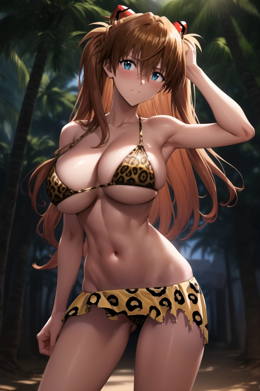 1girl ai-created ai_generated animal_print armpits asuka_langley asuka_langley_sohryu bangs bare_arms bare_shoulders bikini blue_eyes blurry blush breasts brown_hair clavicle cleavage closed_mouth clothing cowboy_shot day female female_only hair_between_eyes hair_ornament headgear headwear high_resolution interface_headset jungle jungle_girl large_breasts leopard_print linea_alba long_hair looking_at_viewer miniskirt navel neon_genesis_evangelion orange_hair outdoors palm_tree rena_aikawa_(pixiv_user) sarong shiny skirt sky smile solo solo_female stable_diffusion standing stomach swimsuit tagme thighs tied_hair torn_clothes torn_skirt tree tribal_clothing two_side_up underboob very_long_hair water