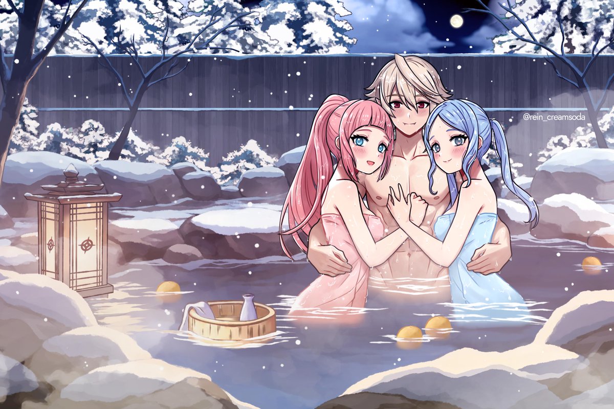 1boy 2girls arms_around_partner arms_around_waist bath_towel blue_eyes blue_hair blush breasts clouds corrin_(fire_emblem) corrin_(fire_emblem)_(male) fangs felicia_(fire_emblem) fire_emblem fire_emblem_fates flora_(fire_emblem) hand_on_chest hot_spring lantern moon muscles naked_male naked_male_with_half_naked_female night nipples onsen pink_hair ponytail red_eyes rein_creamsoda sisters smile snow snowing spiky_hair steam towel trees twin_sisters twintails wet_body white_hair wooden_fence