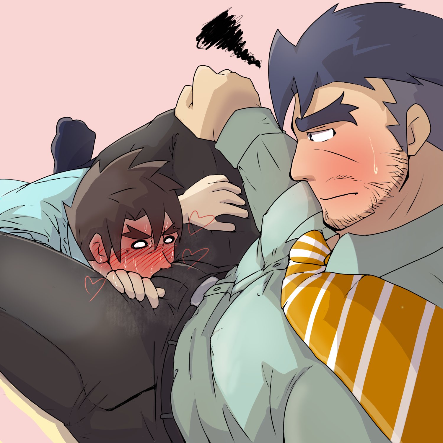 balls, bara, big pecs, blush, bulge, clothing, face in crotch, flaccid, fully clothed, gammei (live a hero), gay, kaeru333938123, live-a-hero, male, male only, muscles, muscular, penis, yaoi
