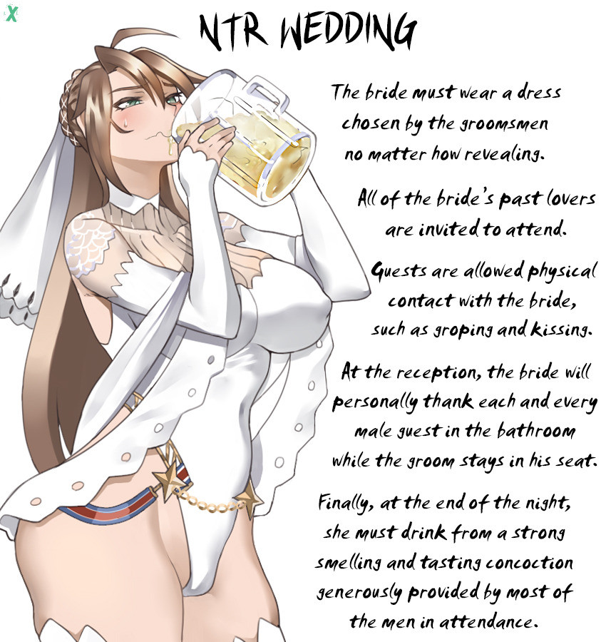 caption, cheating female, cheating wife, cum, cum in cup, drinking cum, girls' frontline, gokkun, lee-enfield (girls' frontline), netorare, ntr, stray pubic hair, text, wedding dress, wedding veil, yellow cum