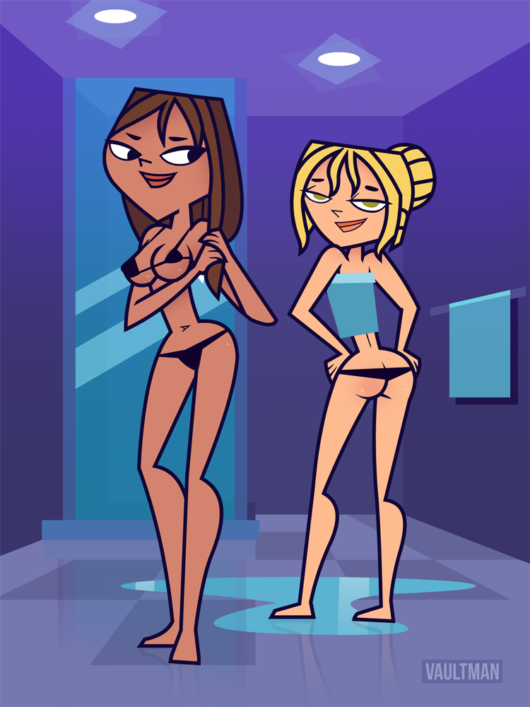 2girls black_bra black_panties blonde_hair bra bridgette_(tdi) brown_hair courtney_(tdi) female_only panties total_drama_island underwear vaultman