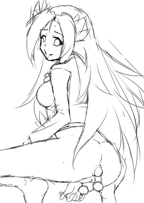 anal_beads anal_beads_pull anus ass character_request female long_hair looking_back md5_mismatch monochrome negative_(artist) pixiv_thumbnail pussy sketch smile solo