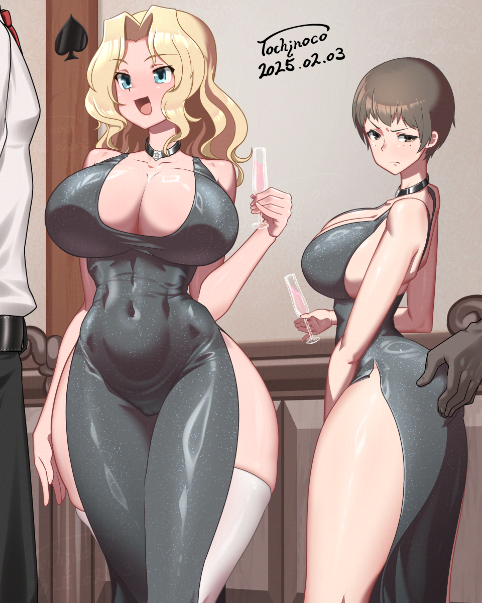 2boys 2girls ass blonde_hair blue_eyes blush breasts brown_eyes brown_hair cameltoe choker cleavage covered_navel dress freckles girls_und_panzer grabbing_another's_ass groping huge_breasts impossible_clothes impossible_dress indoors kay_(girls_und_panzer) long_hair multiple_boys multiple_girls naomi_(girls_und_panzer) no_bra no_panties open_mouth short_hair smile thighhighs tochinoco white_thighhighs