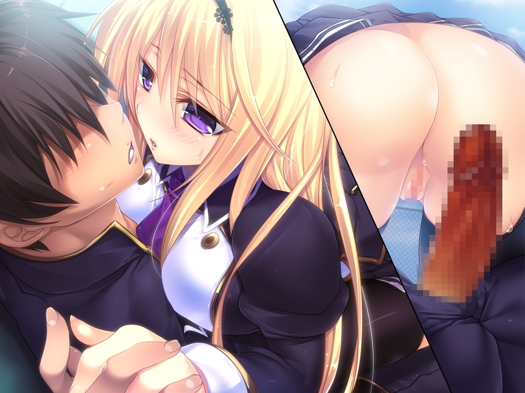 akiyama_fuuka aqua_panties blonde_hair blush boku_to_keiyakushite_osananajimi_seitokaichou_ni_saimin_wo_kakeyou! censored female game_cg kumatora_tatsumi long_hair panties penis purple_eyes pussy thighhighs underwear