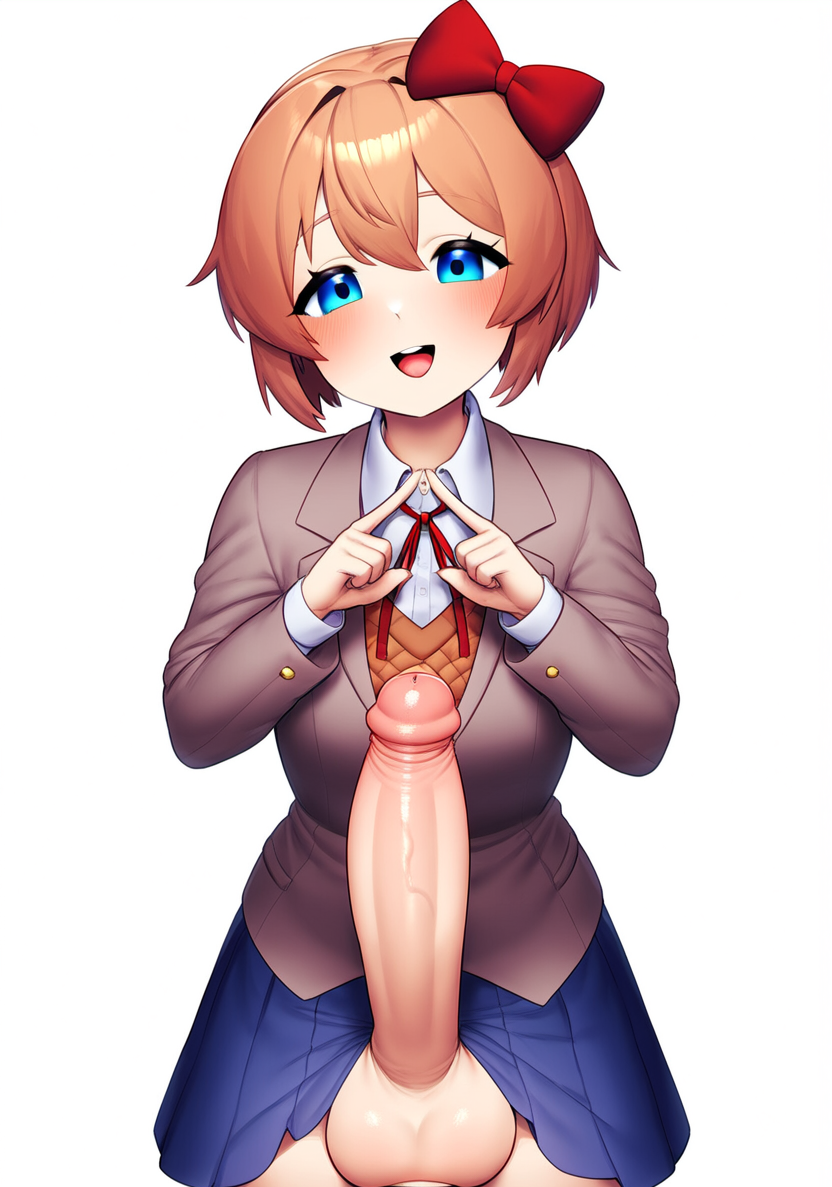 1futa ai_generated big_balls big_cock big_dick big_penis blue_eyes blush blushing_at_viewer coral_pink_hair doki_doki_literature_club erect_penis erection fingers_together futanari huge_balls huge_cock hung_futanari large_balls large_cock large_dick large_penis looking_at_viewer novelai penis penis_out penis_under_skirt pov red_bow sayori_(doki_doki_literature_club) school_uniform simple_background smile smiling smiling_at_viewer stable_diffusion uzirunthecity white_background