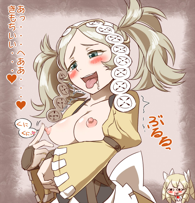 being_watched blonde_hair blush breasts curiosity dirty_talk drill_hair fire_emblem fire_emblem_awakening green_eyes lissa_(fire_emblem) maribelle_(fire_emblem) nosebleed saliva sound_effects text tied_hair tongue_out touching_own_nipples translated twintails