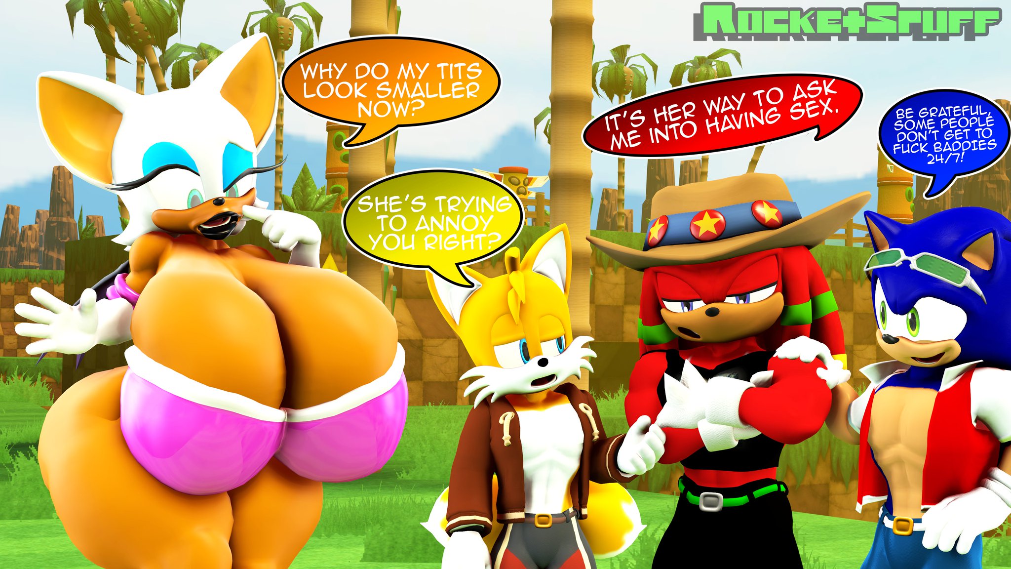 !, ?, ., 1girls, 3boys, 3d, 3d (artwork), anthro, anthro female, anthro male, anthro only, arms crossed, bat, bat girl, bat humanoid, blue eyes, blue fur, dialog, dialogue, echidna, echidna humanoid, fox, fox boy, fox ears, fox humanoid, green eyes, hands on hips, hedgehog, hedgehog boy, hedgehog ears, hedgehog humanoid, jacket, jacket open, knuckles the echidna, miles prower, miles tails prower, mobian, mobian (species), mobian bat, mobian echidna, mobian fox, mobian hedgehog, open smirk, outdoors, outside, red fur, rocketspuff, rouge the bat, sega, smirk, smirking, sonic (series), sonic adventure 2, sonic the hedgehog, sonic the hedgehog (series), tails the fox, white fur, yellow fur
