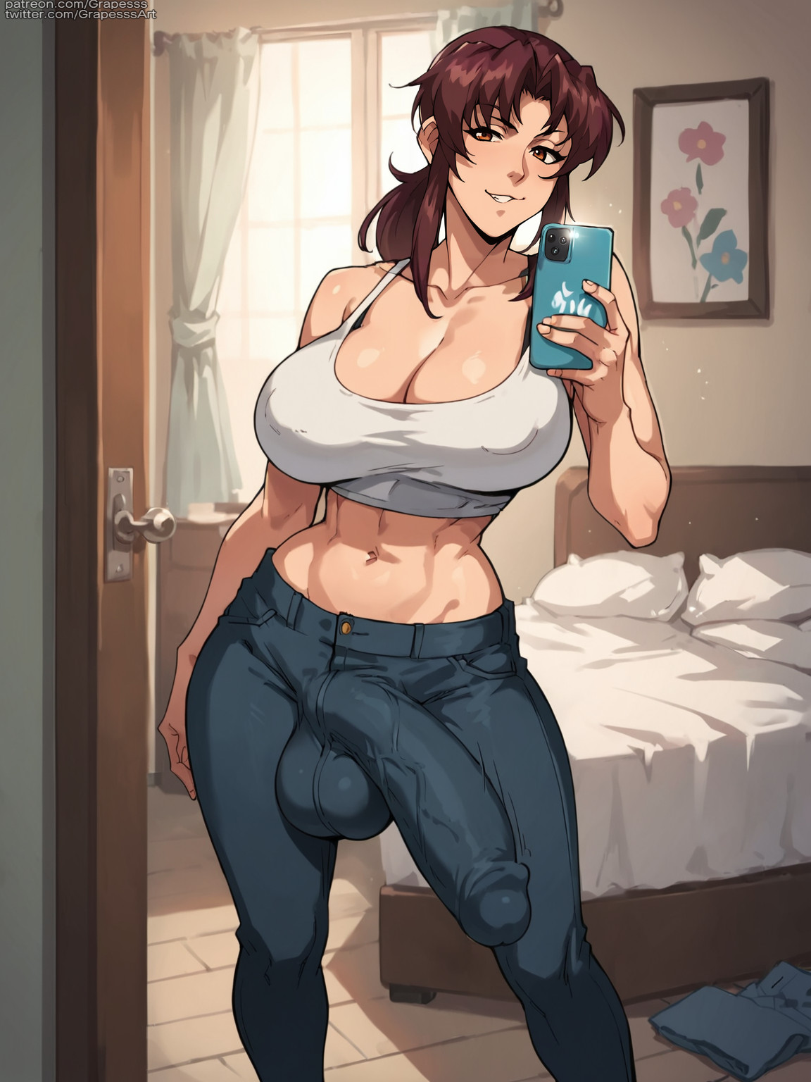 ai generated, black lagoon, bulge through clothing, futanari, grapesss, intersex, light skin, light-skinned futa, revy, selfie