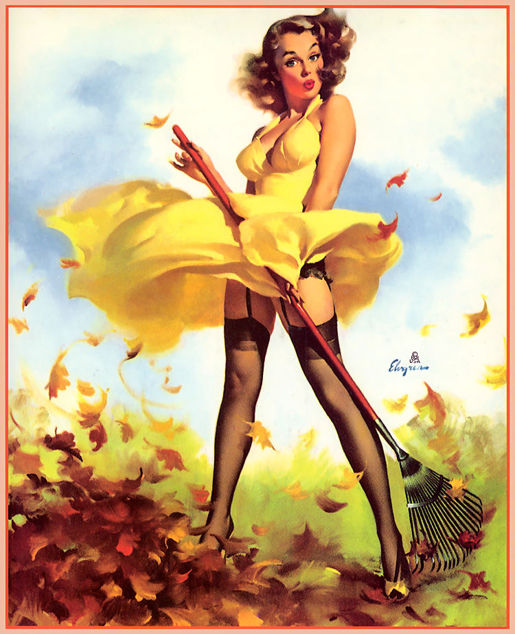 20th_century dress dress_lift female gil_elvgren leaves pin-up pinup pinup_pose rake vintage wind_lift