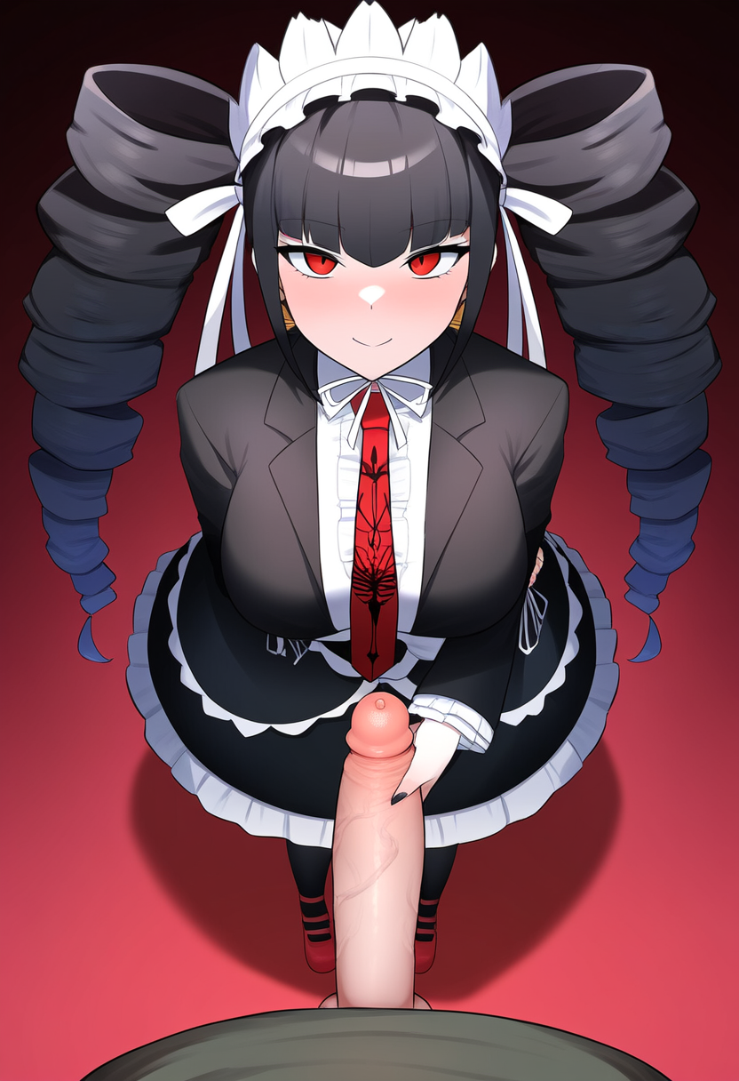 1female 1male ai_generated big_balls big_breasts big_cock big_dick big_penis black_dress black_hair black_nails black_stockings celestia_ludenberg danganronpa danganronpa:_trigger_happy_havoc earrings gothic gothic_girl gothic_lolita hand_on_penis handjob headwear imminent_sex large_balls large_cock large_dick large_penis looking_at_viewer looking_up_at_viewer novelai pale-skinned_female pale_skin penis penis_out pov red_background red_eyes red_heels red_shoes red_tie simple_background smile smiling smiling_at_viewer stable_diffusion uzirunthecity