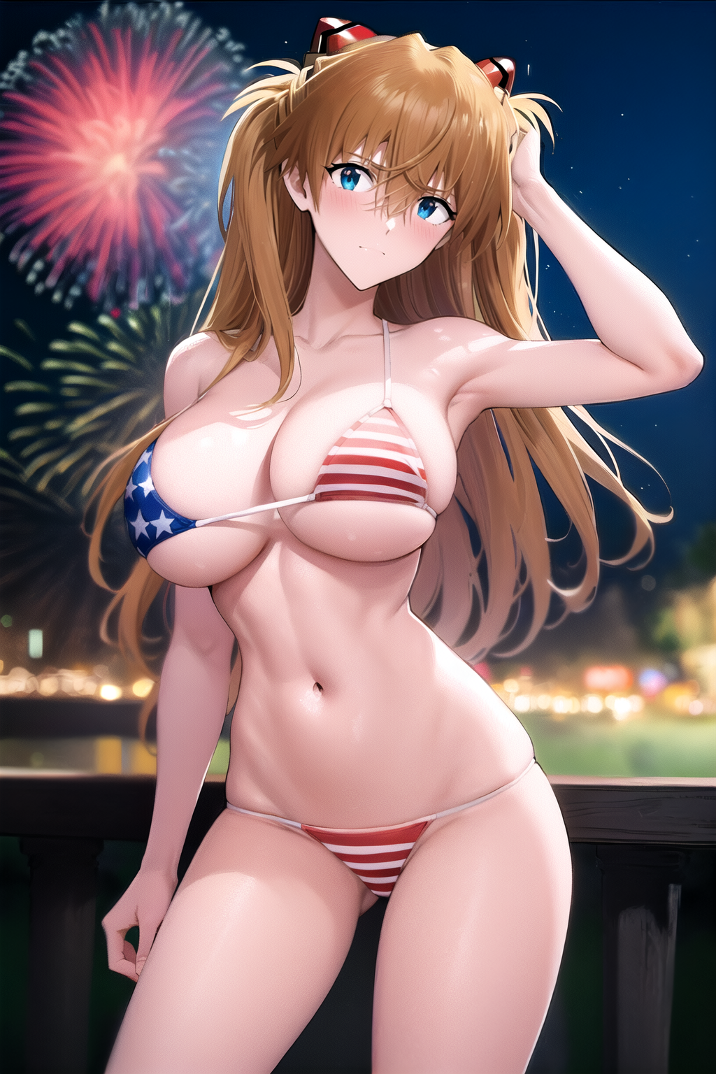 1girl ai-created ai_generated american_flag american_flag_bikini american_flag_swimsuit armpits asuka_langley asuka_langley_sohryu bangs bare_shoulders bikini blue_eyes blurry blurry_background blush breasts brown_hair clavicle cleavage closed_mouth clothing cowboy_shot female female_only fireworks flag_print flag_print_bikini flag_print_swimsuit hair_between_eyes hair_ornament headgear interface_headset large_breasts long_hair looking_at_viewer navel neon_genesis_evangelion night night_sky outdoors pixiv print_bikini print_swimsuit rena_aikawa_(pixiv_user) skindentation sky smile solo solo_female stable_diffusion standing star_(sky) star_(symbol) stomach striped striped_bikini striped_swimsuit swimsuit thighs