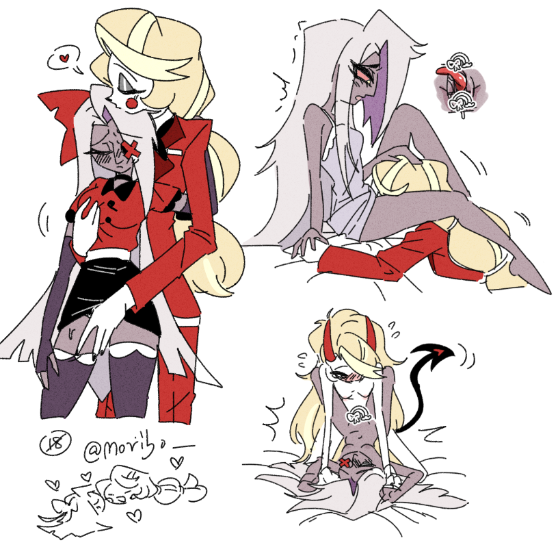 2girls blonde_hair charlie_morningstar colored_sclera colored_skin demon_girl demon_horns eating_pussy fingering grey_skin hazbin_hotel horns long_hair moribo multiple_girls red_sclera skirt suit tribadism vaggie very_long_hair white_hair yuri