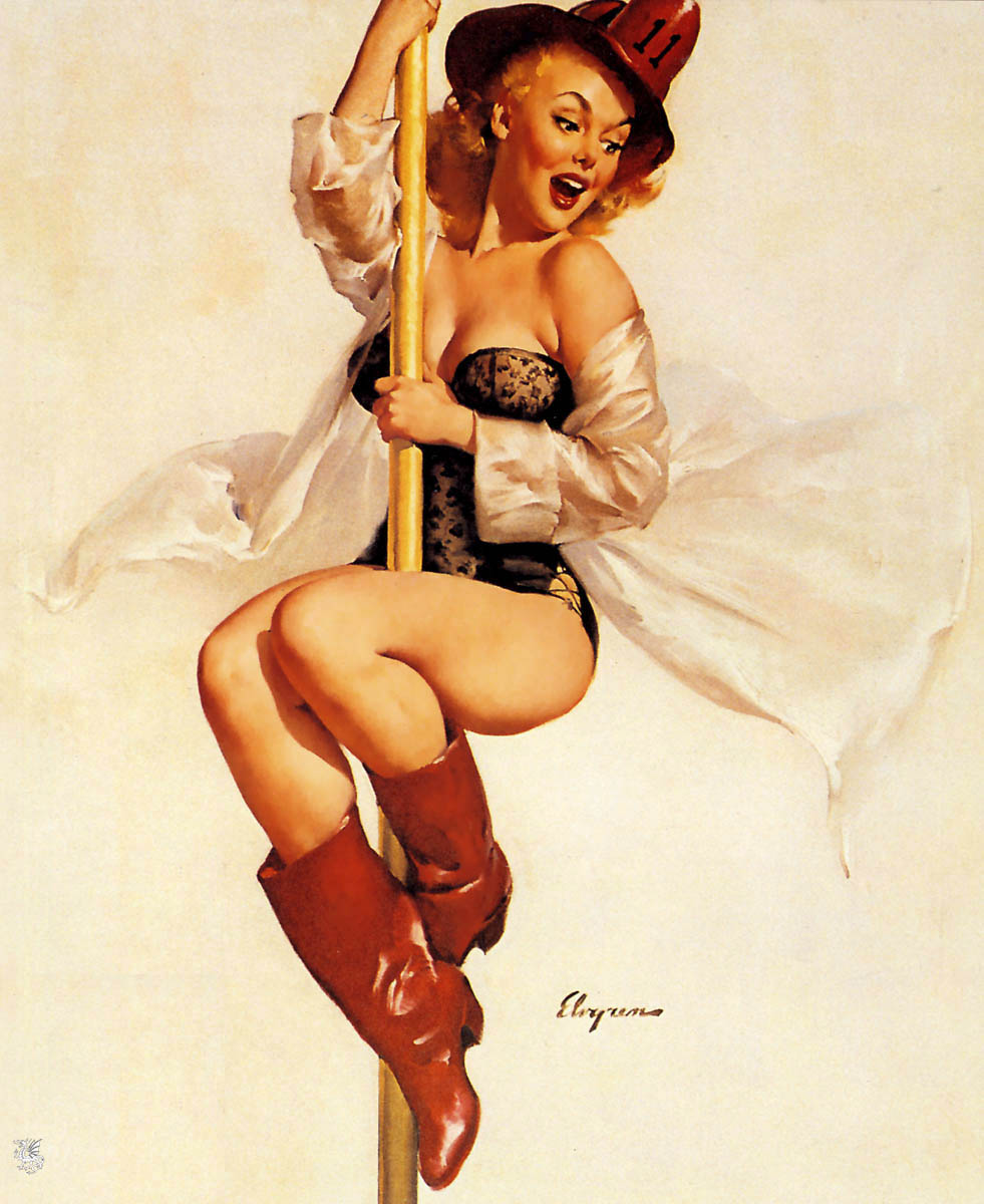 20th_century female firefighter_helmet gil_elvgren lingerie painting_(artwork) pin-up pinup sliding_down traditional_media_(artwork) vintage