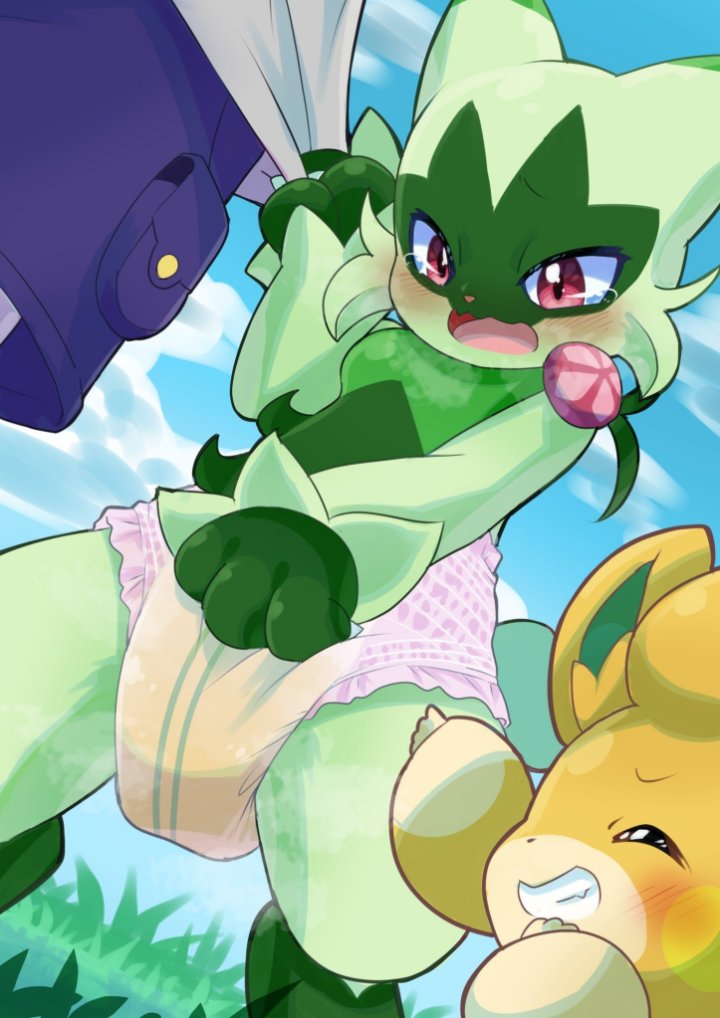 blush blush closed_eyes diaper feline floragato green_body green_fur green_hair open_mouth pawmot pokemon pokemon_(species) red_eyes