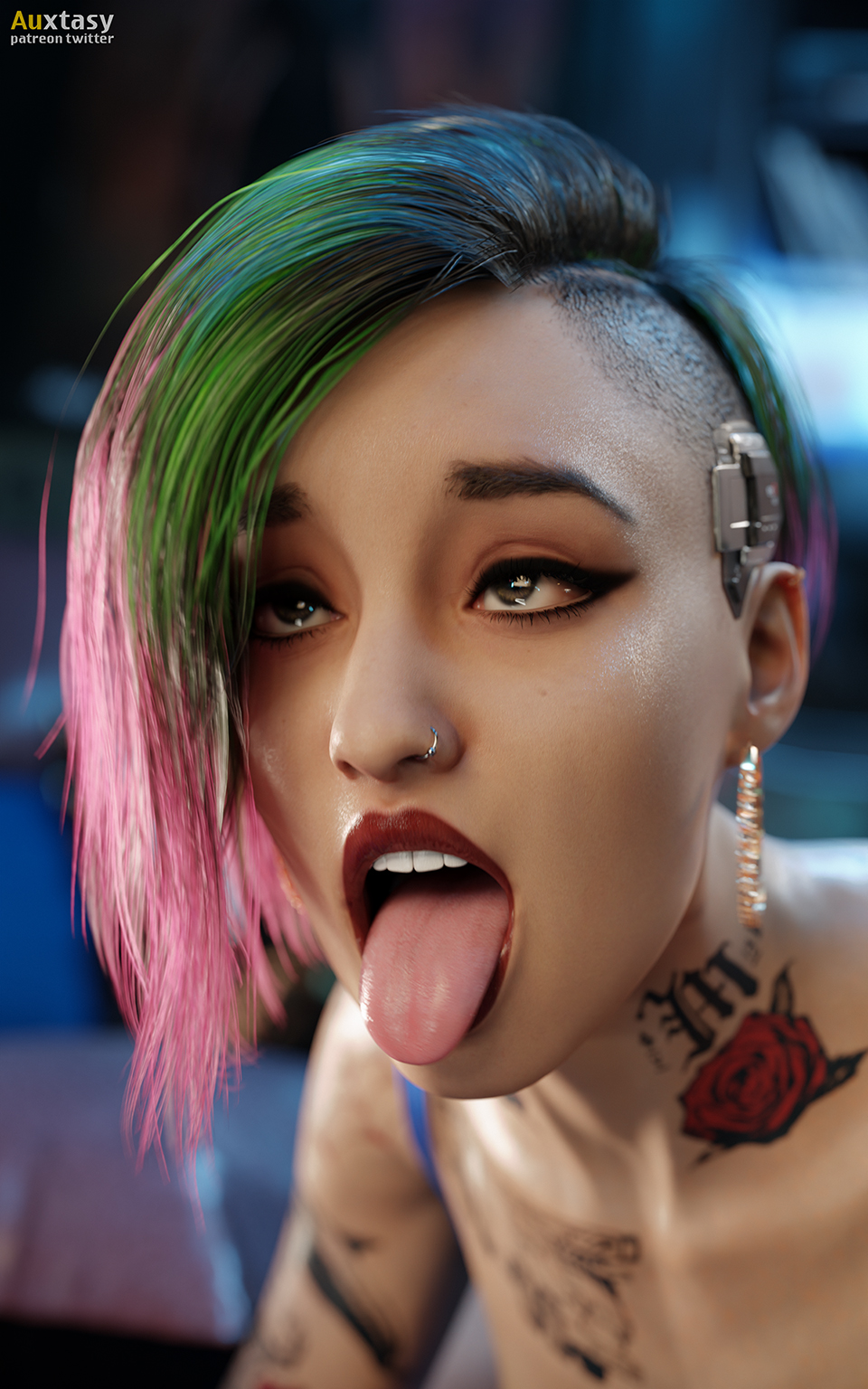 1girls 3d ahe_gao auxtasy blender_cycles cd_projekt_red close-up crossed_eyes cybernetics cyberpunk_2077 female judy_alvarez multicolored_hair piercing solo tattoo tattoos tongue tongue_out