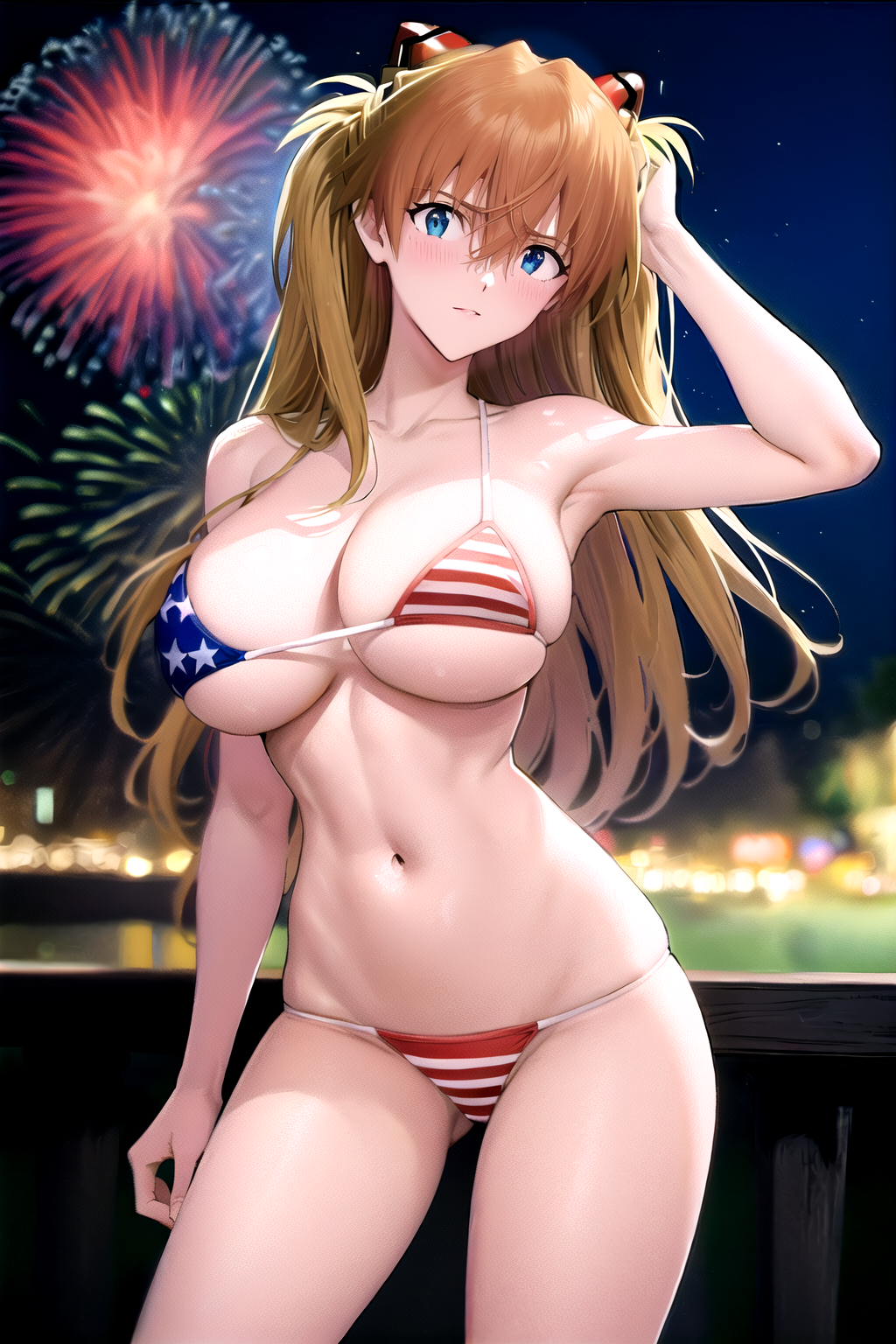 1girl ai-created ai_generated american_flag american_flag_bikini american_flag_swimsuit armpits asuka_langley asuka_langley_sohryu bangs bare_shoulders bikini blue_eyes blurry blurry_background blush breasts brown_hair clavicle cleavage closed_mouth clothing cowboy_shot female female_only fireworks flag_print flag_print_bikini flag_print_swimsuit hair_between_eyes hair_ornament headgear interface_headset large_breasts long_hair looking_at_viewer navel neon_genesis_evangelion night night_sky outdoors pixiv print_bikini print_swimsuit rena_aikawa_(pixiv_user) skindentation sky smile solo solo_female stable_diffusion standing star_(sky) star_(symbol) stomach striped striped_bikini striped_swimsuit swimsuit thighs