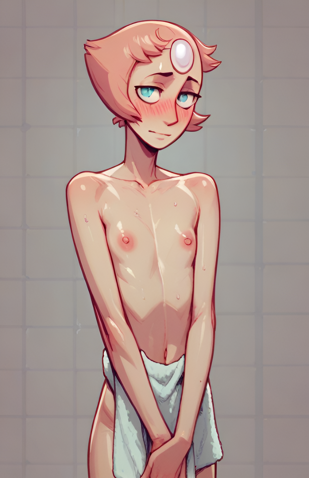 1girls ai_generated alien alien_girl alien_humanoid blush covering_crotch female female_only flat_chest gem_(species) mostly_nude mostly_nude_female nipples pearl_(steven_universe) scalieton self_upload short_hair slender_body steven_universe towel towel_only wet_skin