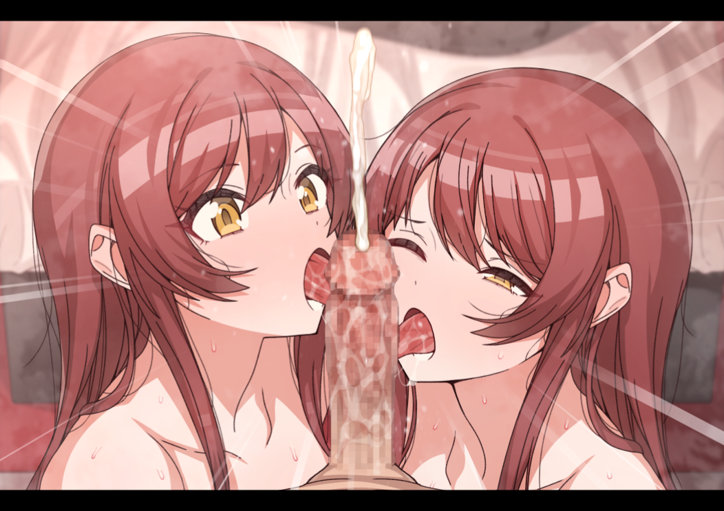 1boy 2girls censored cooperative_fellatio cum ejaculation erere fellatio ffm_threesome group_sex idolmaster idolmaster_shiny_colors long_hair looking_at_viewer mosaic_censoring multiple_girls oral osaki_amana osaki_tenka penis pov red_hair shimaidon_(sex) siblings sisters teamwork_(sexual) threesome yellow_eyes