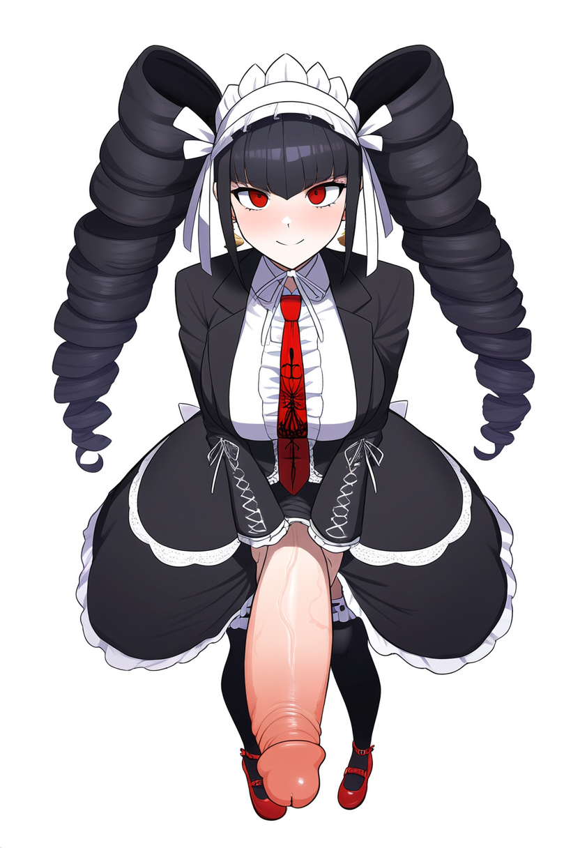 1futa ai_generated big_balls big_breasts big_cock big_dick big_penis black_hair black_school_uniform black_stockings celestia_ludenberg danganronpa danganronpa:_trigger_happy_havoc earrings futanari gothic gothic_girl gothic_lolita hands_on_penis headwear holding_penis huge_balls huge_cock hung_futanari large_balls large_cock large_dick large_penis looking_at_viewer looking_up_at_viewer novelai pale-skinned_female pale-skinned_futanari pale_skin penis penis_out pov pov_eye_contact red_eyes red_heels red_shoes red_tie simple_background smile smiling smiling_at_viewer stable_diffusion uzirunthecity veiny_penis white_background