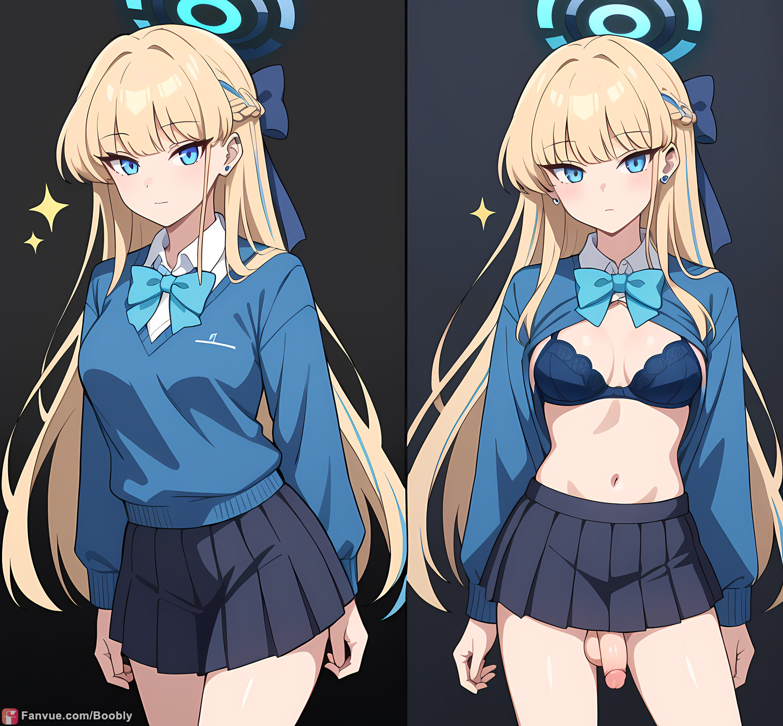 1futa, ai generated, asuma toki, balls, blonde hair, blue archive, boobly, bra, breasts, female, flaccid, futanari, intersex, long hair, looking at viewer, penis, school uniform, schoolgirl, skirt, toki (blue archive)