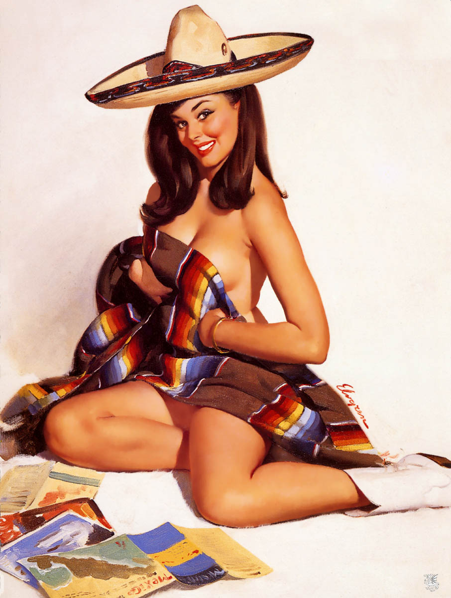 20th_century boots brown_hair female gil_elvgren painting_(artwork) pin-up pinup poncho reading reading_magazine sombrero traditional_media_(artwork) vintage