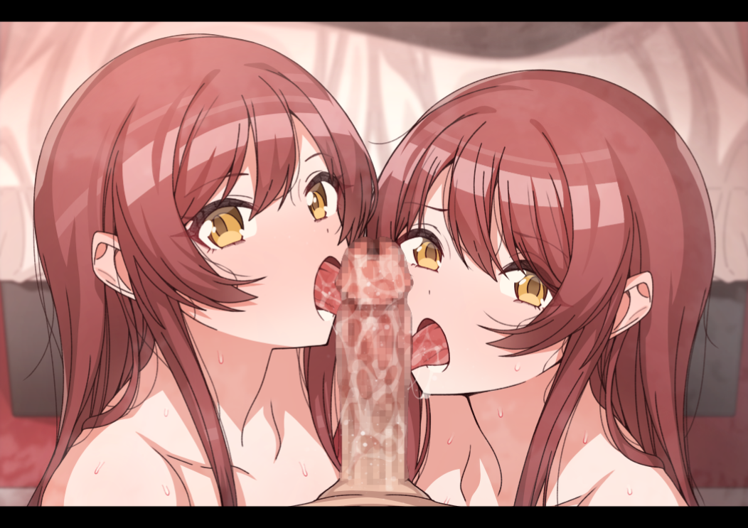 1boy 2girls censored cooperative_fellatio erere fellatio ffm_threesome group_sex idolmaster idolmaster_shiny_colors long_hair looking_at_viewer mosaic_censoring multiple_girls oral osaki_amana osaki_tenka penis pov red_hair shimaidon_(sex) siblings sisters teamwork_(sexual) threesome yellow_eyes