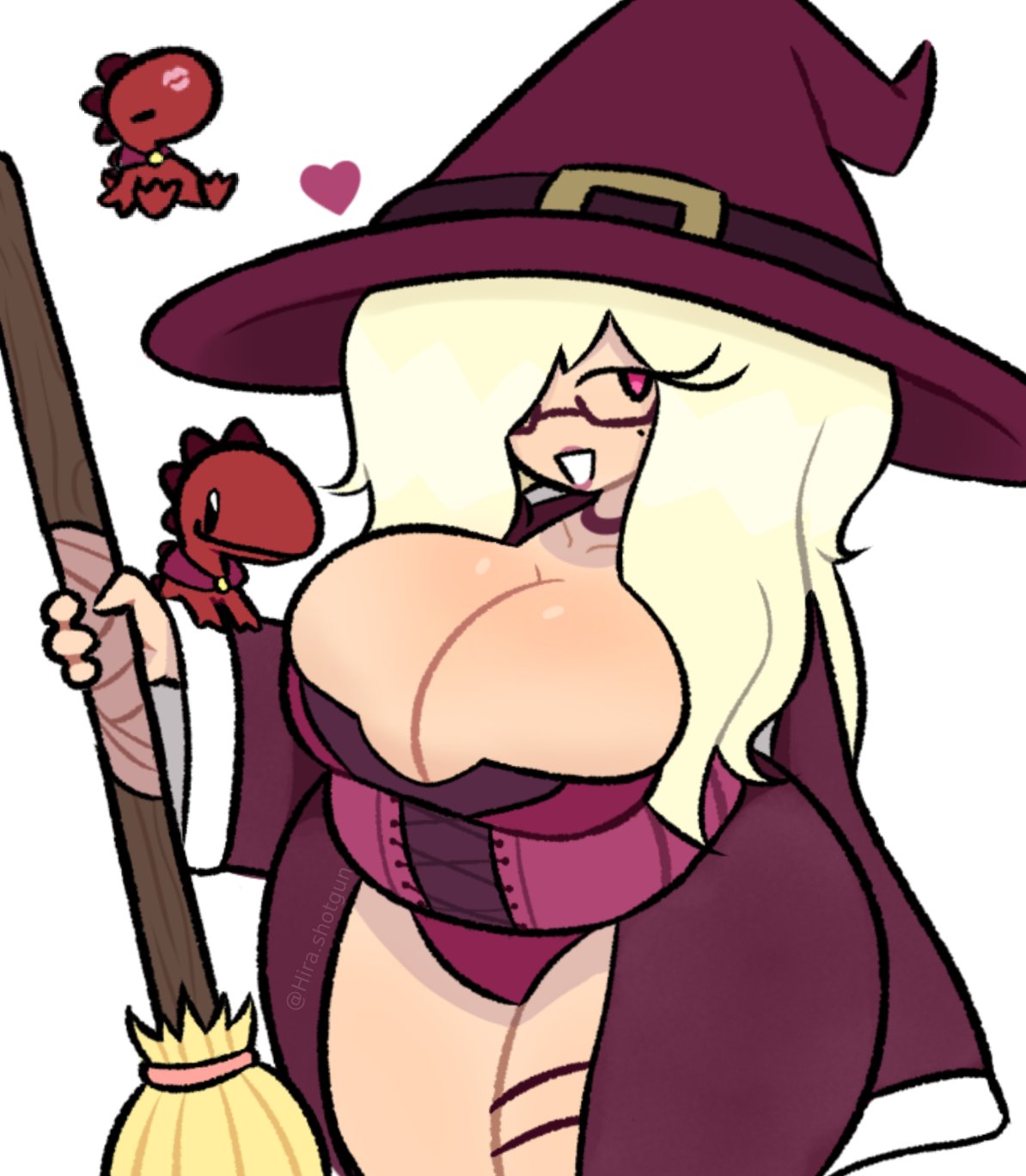 1female, 1girls, 2d, 2d (artwork), 2d artwork, beauty mark, beauty mark under eye, big breasts, blonde female, blonde hair, blonde-haired female, breasts, breasts bigger than head, busty, busty female, busty girl, chubby, chubby female, cleavage, color, digital drawing (artwork), digital media (artwork), female, glasses, happy, happy female, headwear, hira.shotgun, holding, holding broom, holding object, huge breasts, light skin, light-skinned female, long hair, looking at viewer, madame velours, original character, pointy hat, shiny breasts, shiny skin, simple background, smile, smiling, smiling at viewer, smiling female, thick thighs, thighs, white background, witch, witch hat, witch outfit