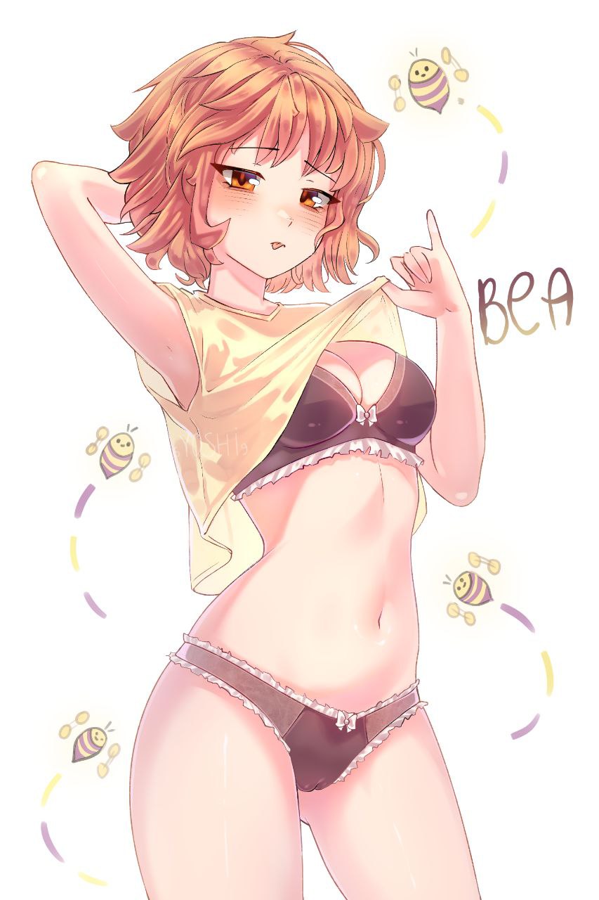 6yoshi9, bea (brawl stars), black panties, brawl stars, breasts, female, orange eyes, red hair, white background