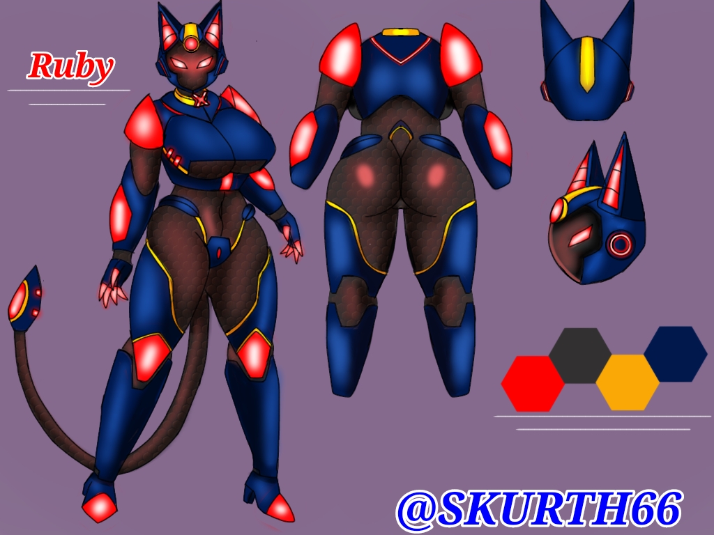 big_breasts black_body blue_armor cat_ears cat_tail oc red_eyes robot robot_girl ruby_(skur) skurth66 thick_thighs