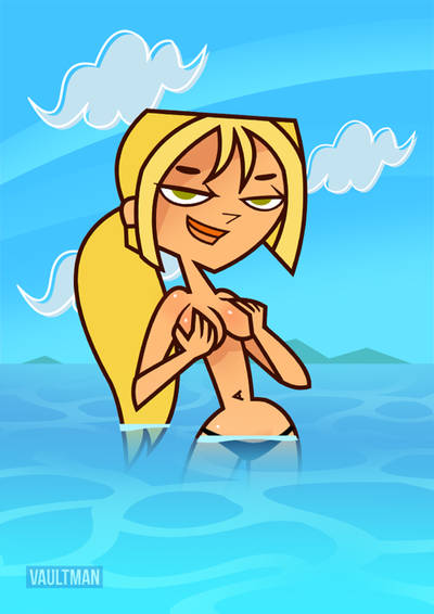 1girls blonde_hair bridgette_(tdi) covering_breasts ponytail solo topless topless_female total_drama_island vaultman