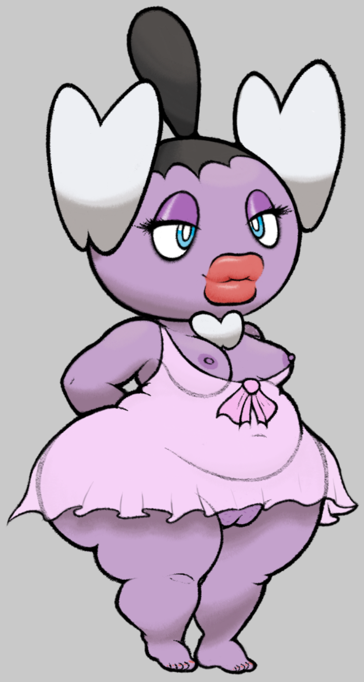 anthro belly bow_tie clothing eyelashes female generation_5_pokemon genitals gothita hands_behind_back hi_res lingerie lips medium_hair nintendo overweight overweight_anthro overweight_female plump_labia pokemon pokemon_(species) pussy short_stack slimey_art solo thick_lips thick_thighs translucent