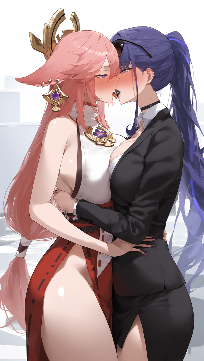 2d 2girls adult ai_art ai_generated anime bare_legs big_breasts blush body_contact business_suit cleavage close_embrace couple curvy digital_art dress embrace erotic fan_art female_female female_focus formal_wear genshin_impact girls_love glasses hair_ornament high_resolution highlights horn_ornament intimacy kissing lesbian lesbian_kiss lgbt lgbtq lip_kiss long_hair love mur_ai_nsfw nsfw pink_hair profile_view purple_hair raiden_shogun revealing_clothes romance romantic sensual side_view sideboob softcore suggestive suit tagme tight_outfit two_females waist_grab yae_miko yuri yuri_kiss