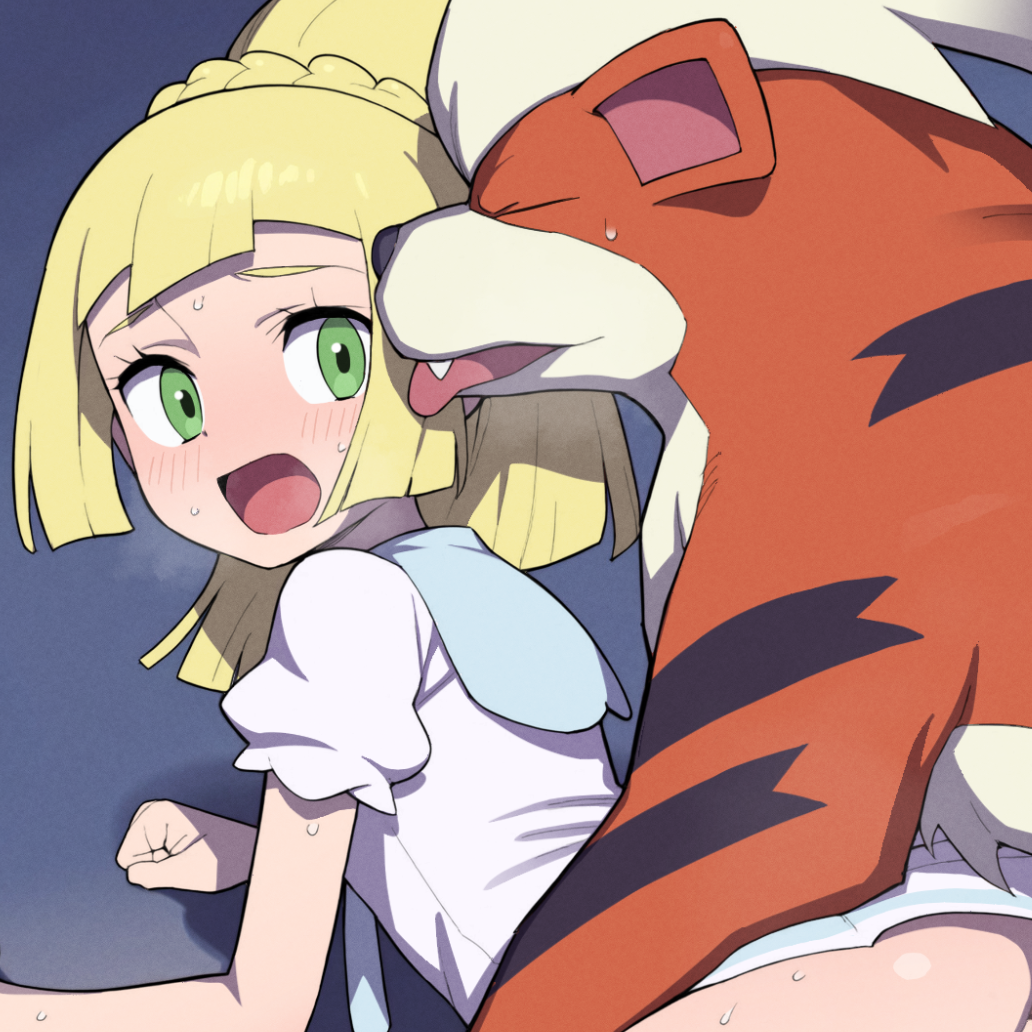 all_fours blonde_hair blunt_bangs blush doggy_style eyelashes female green_eyes growlithe hentamonn interspecies lillie_(pokemon) long_hair looking_back open_mouth pokemon pokemon_(creature) ponytail_with_braided_base sex shirt sweat white_shirt zoophilia