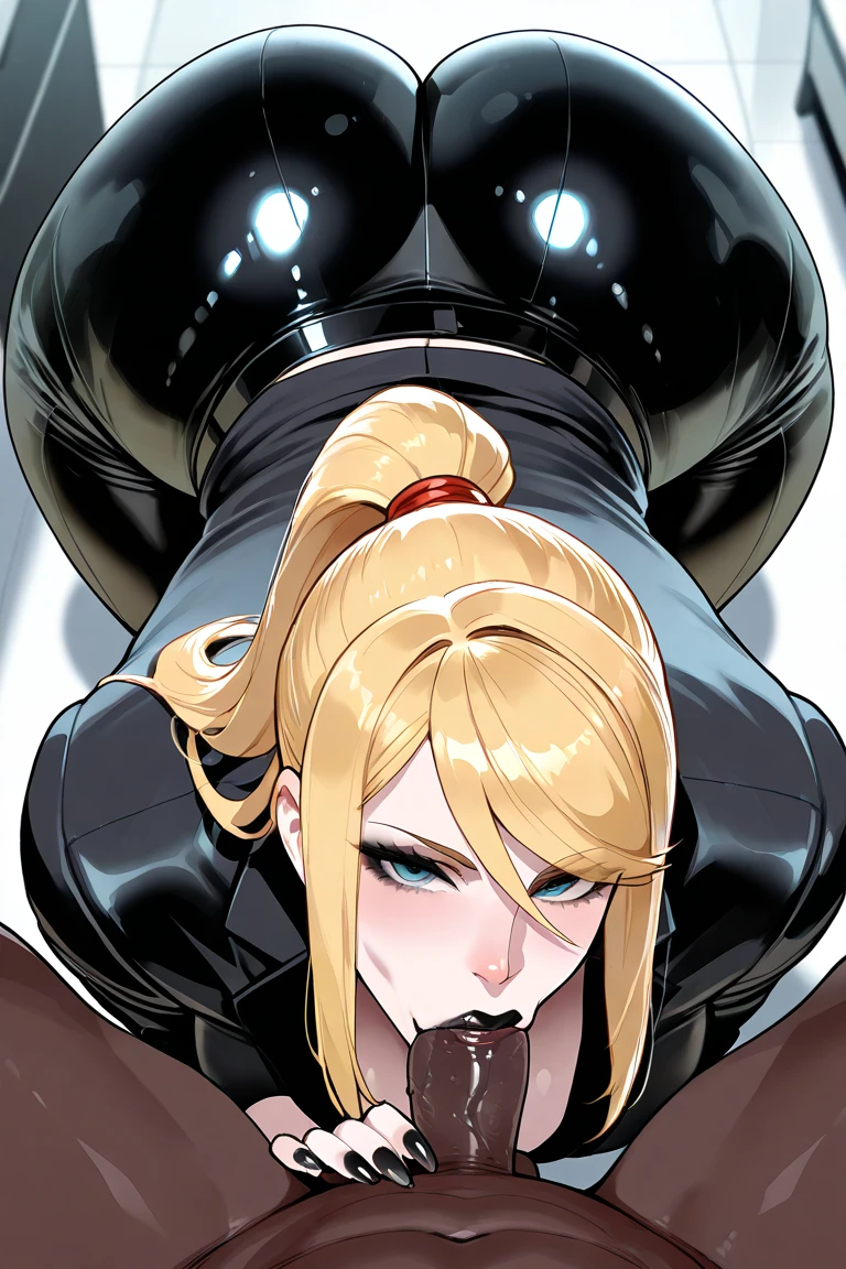 ai_generated big_ass big_butt blonde_hair blowjob blue_eyes dark-skinned_male light-skinned_female looking_at_viewer metroid office_clothing office_lady pale-skinned_female samus_aran secretary sucking_penis